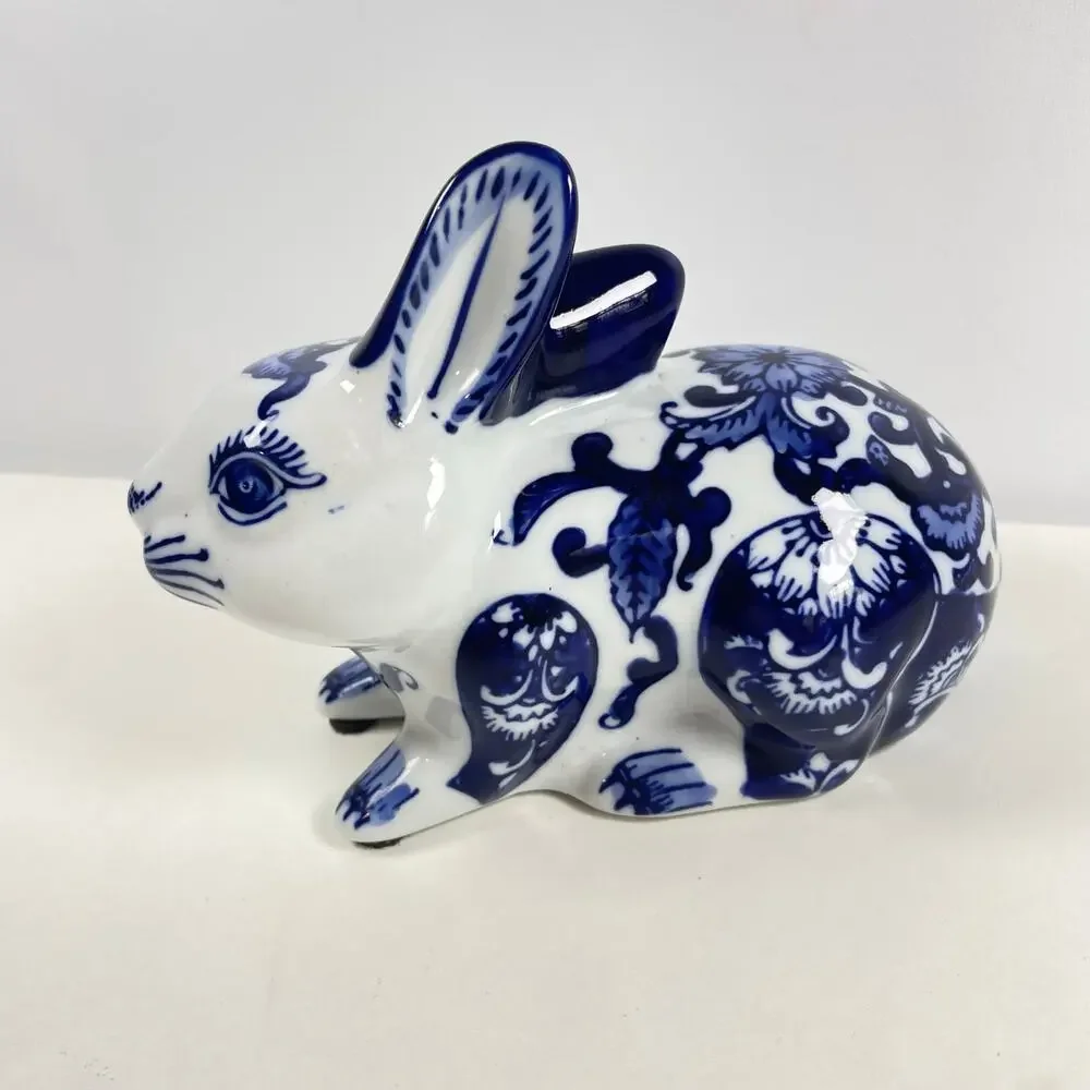Handmade Cobalt Blue and White Porcelain Floral MMC Classical Bunny Rabbit 7x4.5
